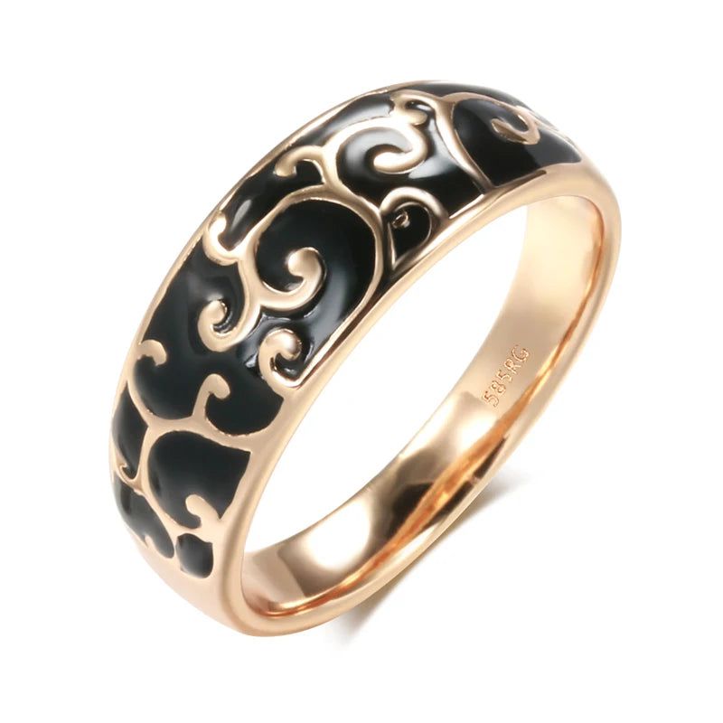 Stylish 585 Rose Gold and Black Enamel Geometric Cocktail Ring