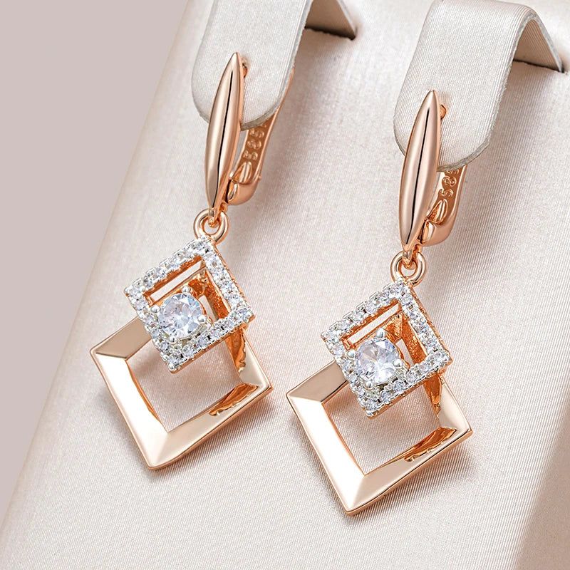 Stylish 585 Rose Gold and Silver Mix Drop Earrings with Shiny Natural Zircon