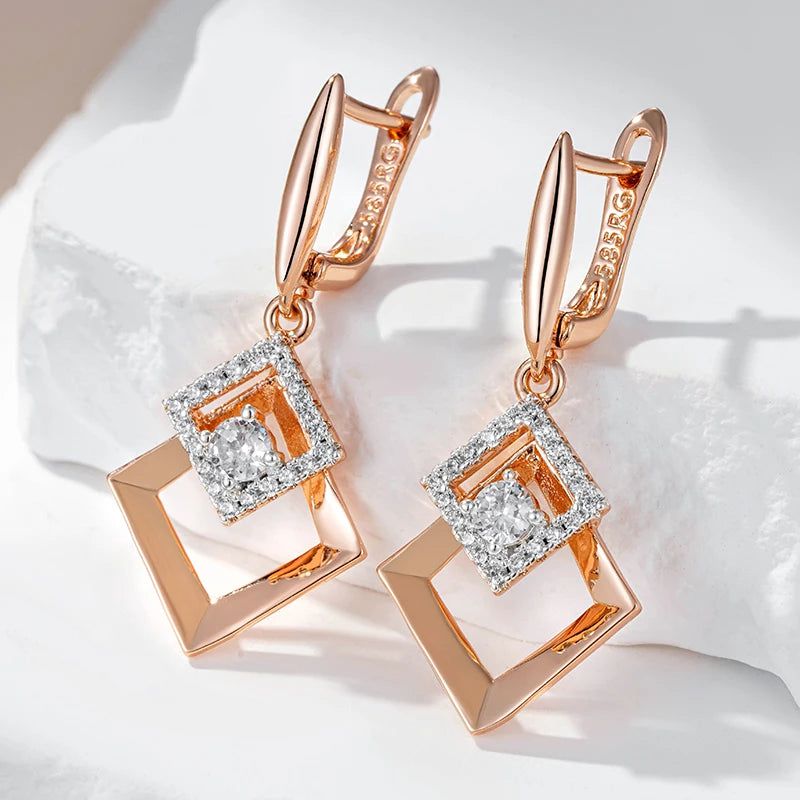 Stylish 585 Rose Gold and Silver Mix Drop Earrings with Shiny Natural Zircon