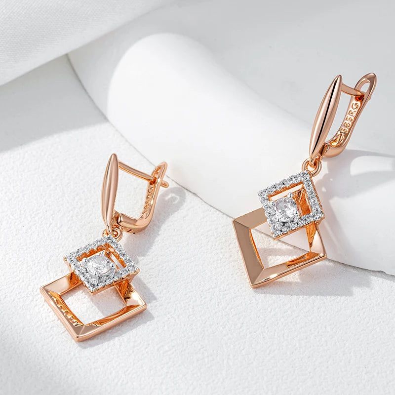 Stylish 585 Rose Gold and Silver Mix Drop Earrings with Shiny Natural Zircon