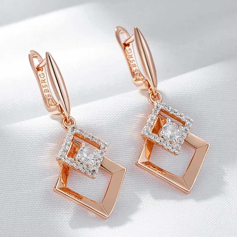 Stylish 585 Rose Gold and Silver Mix Drop Earrings with Shiny Natural Zircon