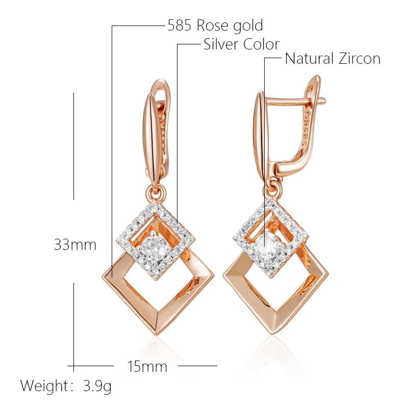 Stylish 585 Rose Gold and Silver Mix Drop Earrings with Shiny Natural Zircon