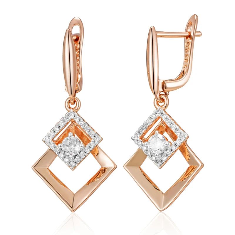 Stylish 585 Rose Gold and Silver Mix Drop Earrings with Shiny Natural Zircon