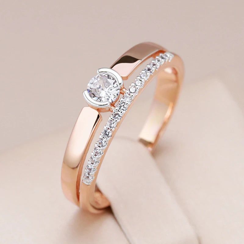 Stylish 585 Rose Gold and Silver Natural Zircon Slim Cocktail Ring