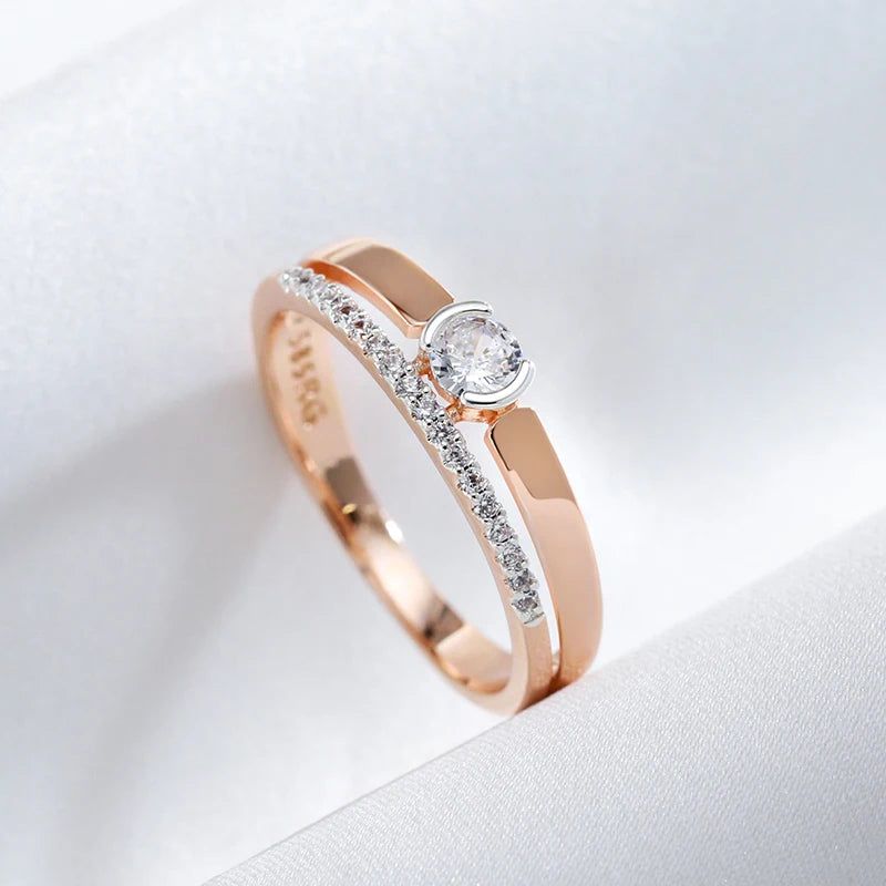 Stylish 585 Rose Gold and Silver Natural Zircon Slim Cocktail Ring