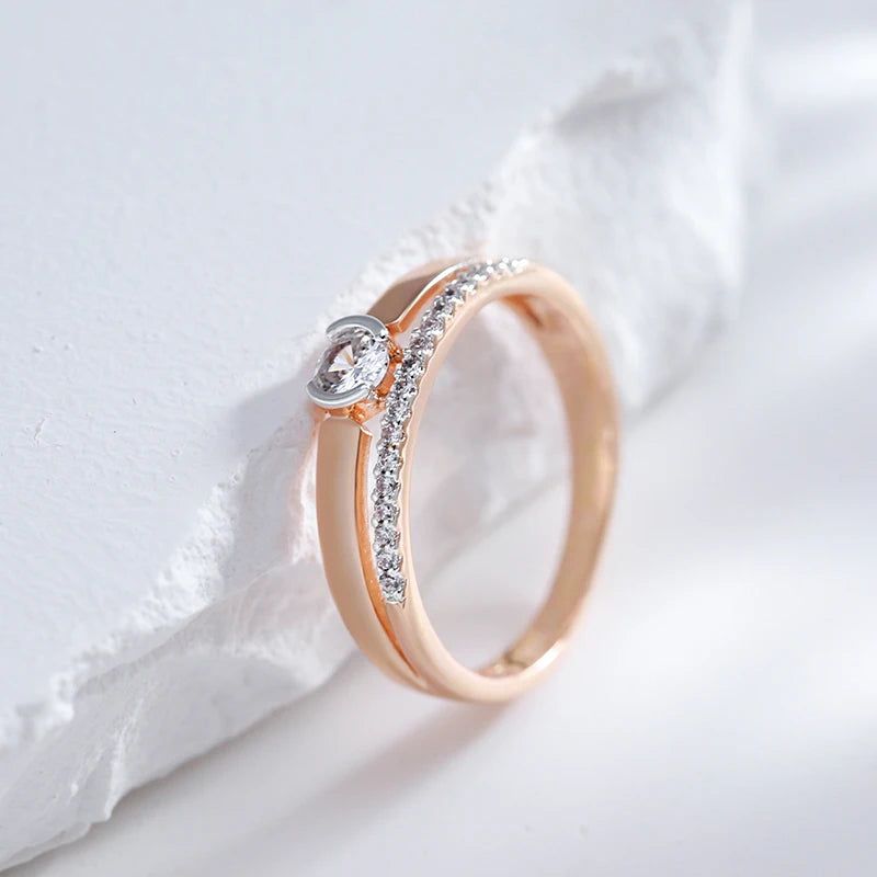 Stylish 585 Rose Gold and Silver Natural Zircon Slim Cocktail Ring