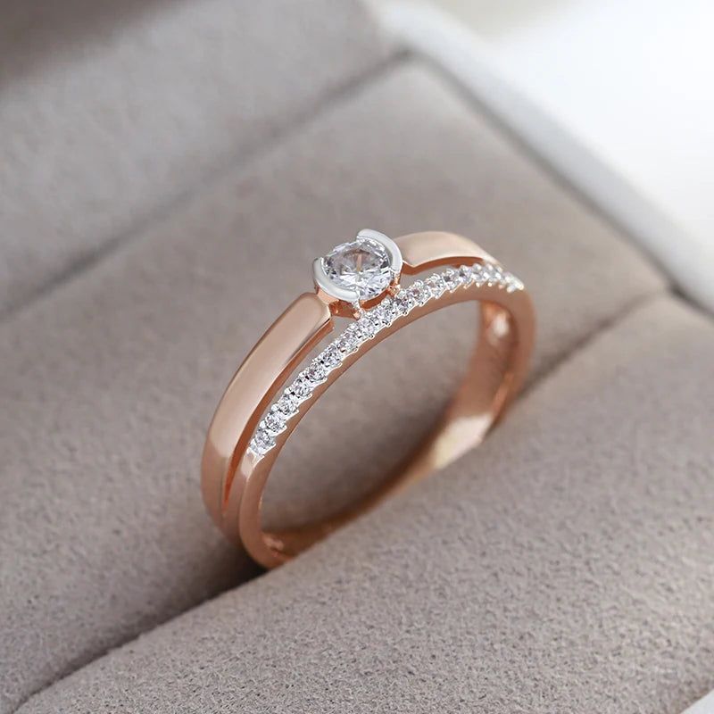 Stylish 585 Rose Gold and Silver Natural Zircon Slim Cocktail Ring