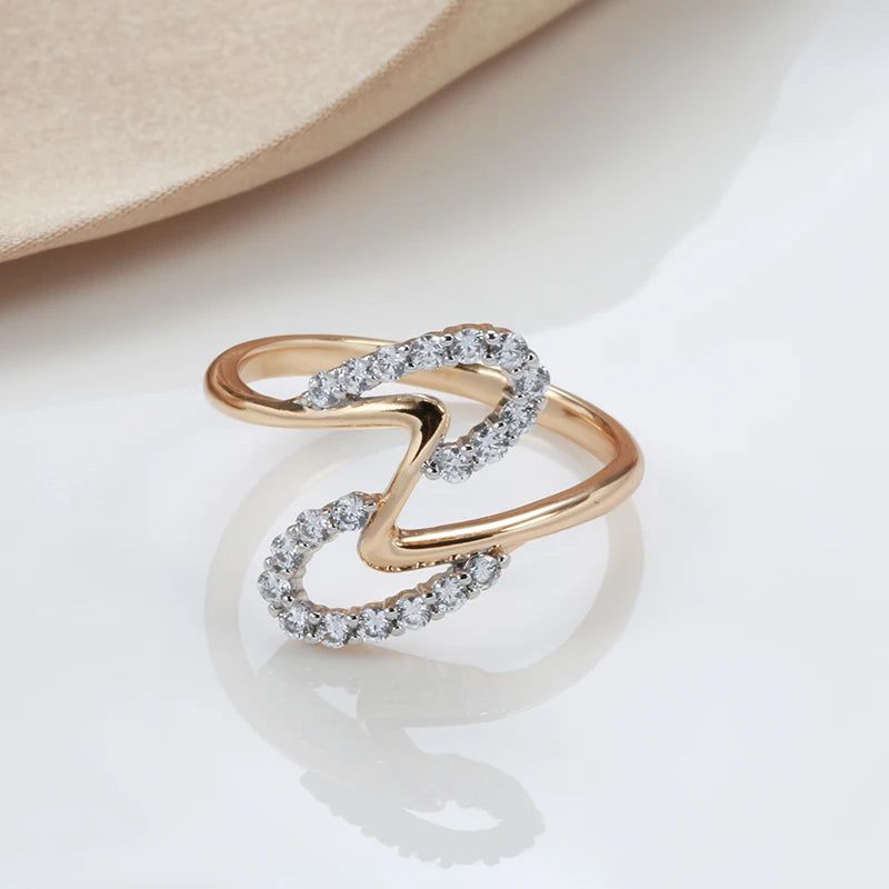 Stylish 585 Rose Gold and Silver Wave Ring with Natural Zircon and Micro-Wax Inlay