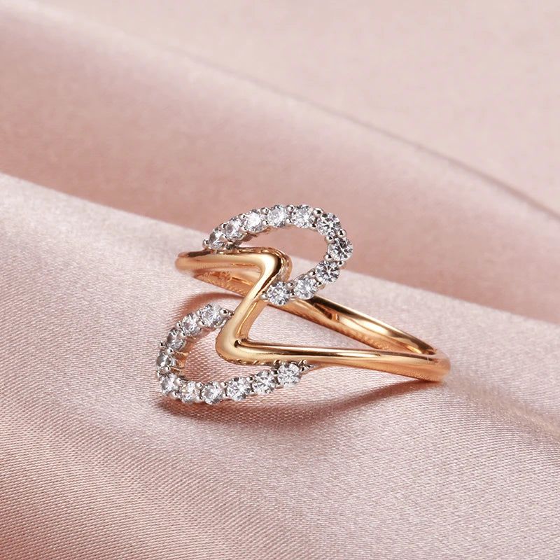 Stylish 585 Rose Gold and Silver Wave Ring with Natural Zircon and Micro-Wax Inlay