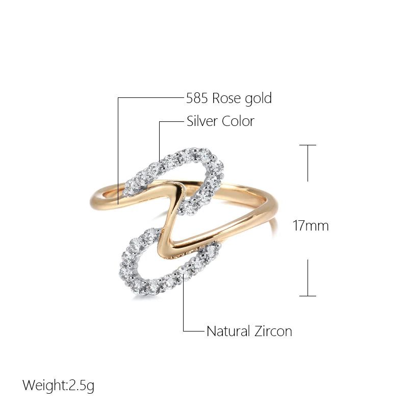 Stylish 585 Rose Gold and Silver Wave Ring with Natural Zircon and Micro-Wax Inlay