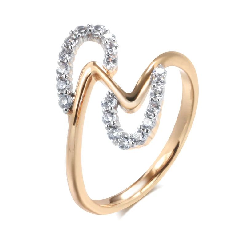 Stylish 585 Rose Gold and Silver Wave Ring with Natural Zircon and Micro-Wax Inlay