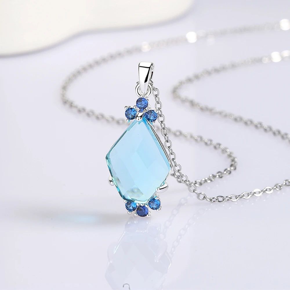 Stylish Aquamarine Geometric Pendant Necklace with Zircon Accents in Blue Tone