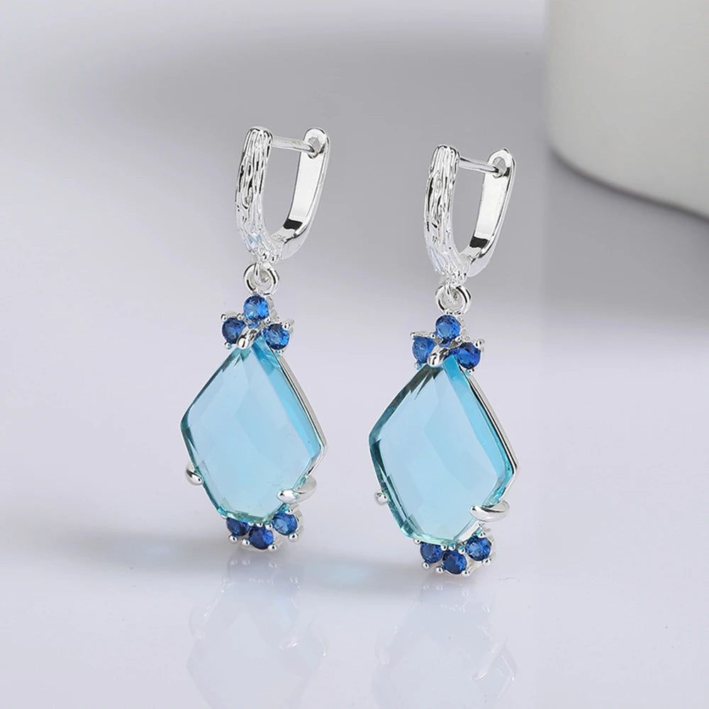 Stylish Aquamarine and Blue Zircon Dangle Earrings with English Hooks for Chic Ladies