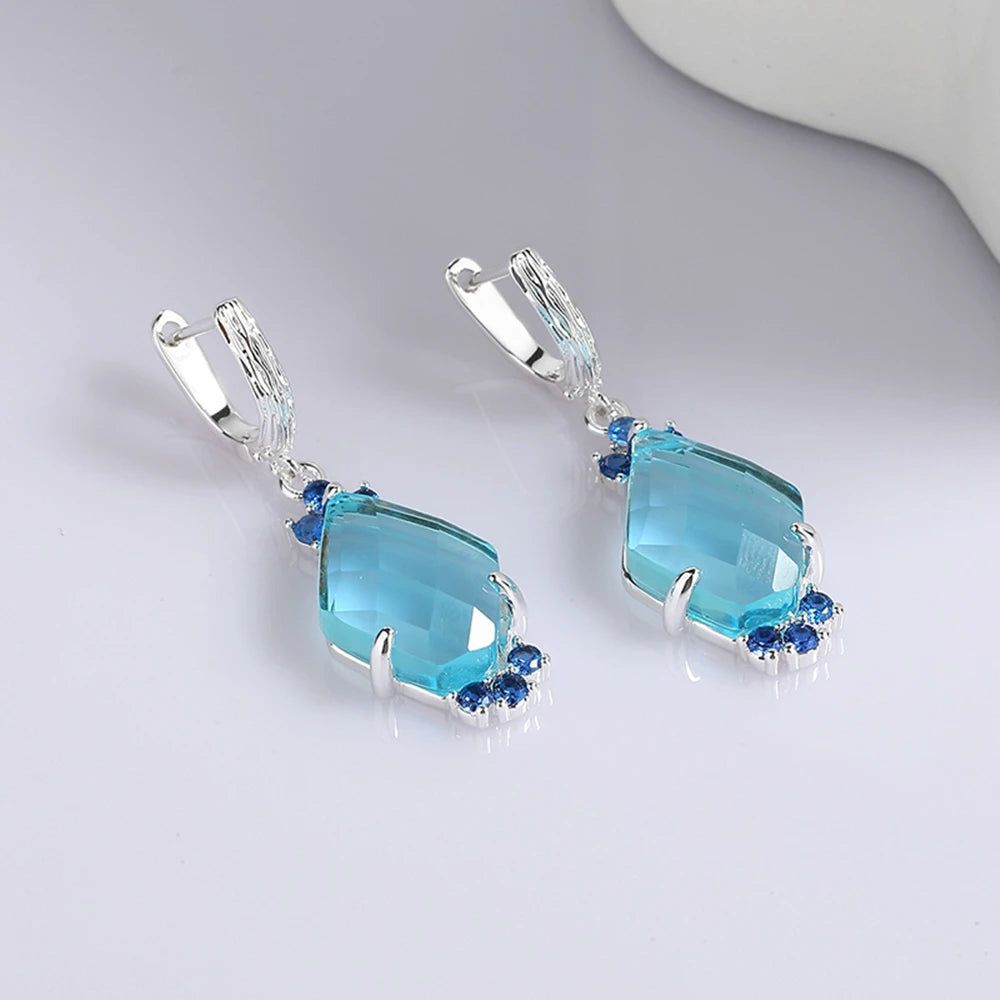 Stylish Aquamarine and Blue Zircon Dangle Earrings with English Hooks for Chic Ladies