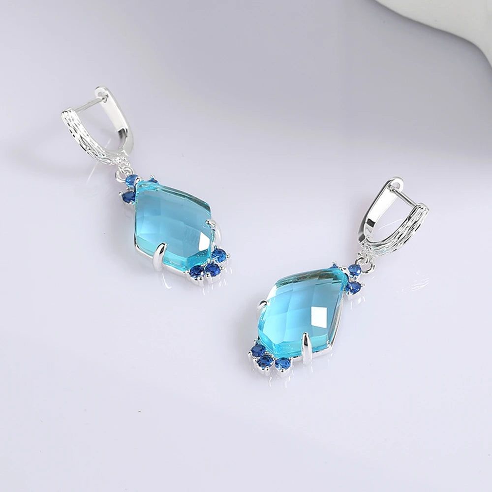 Stylish Aquamarine and Blue Zircon Dangle Earrings with English Hooks for Chic Ladies