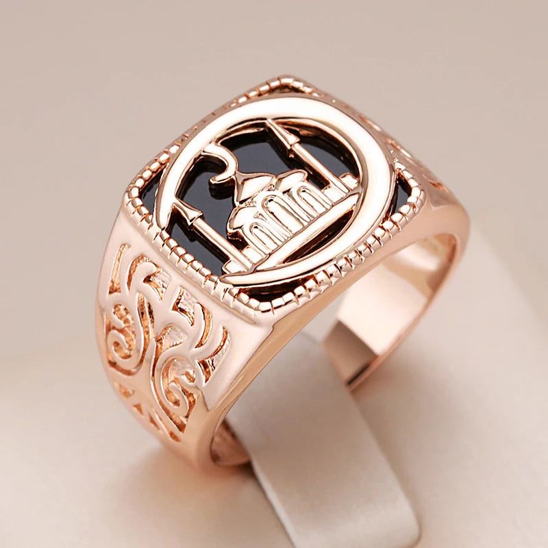 Stylish Black Stone Geometric Cocktail Ring for Men in 585 Rose Gold Finish