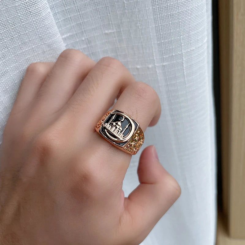 Stylish Black Stone Geometric Cocktail Ring for Men in 585 Rose Gold Finish