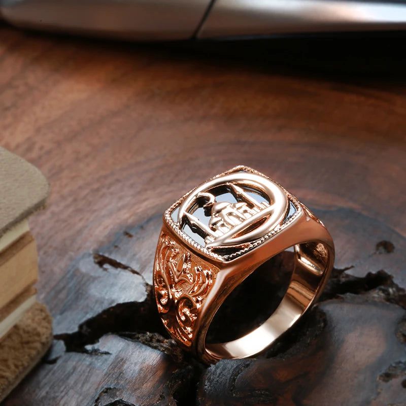 Stylish Black Stone Geometric Cocktail Ring for Men in 585 Rose Gold Finish