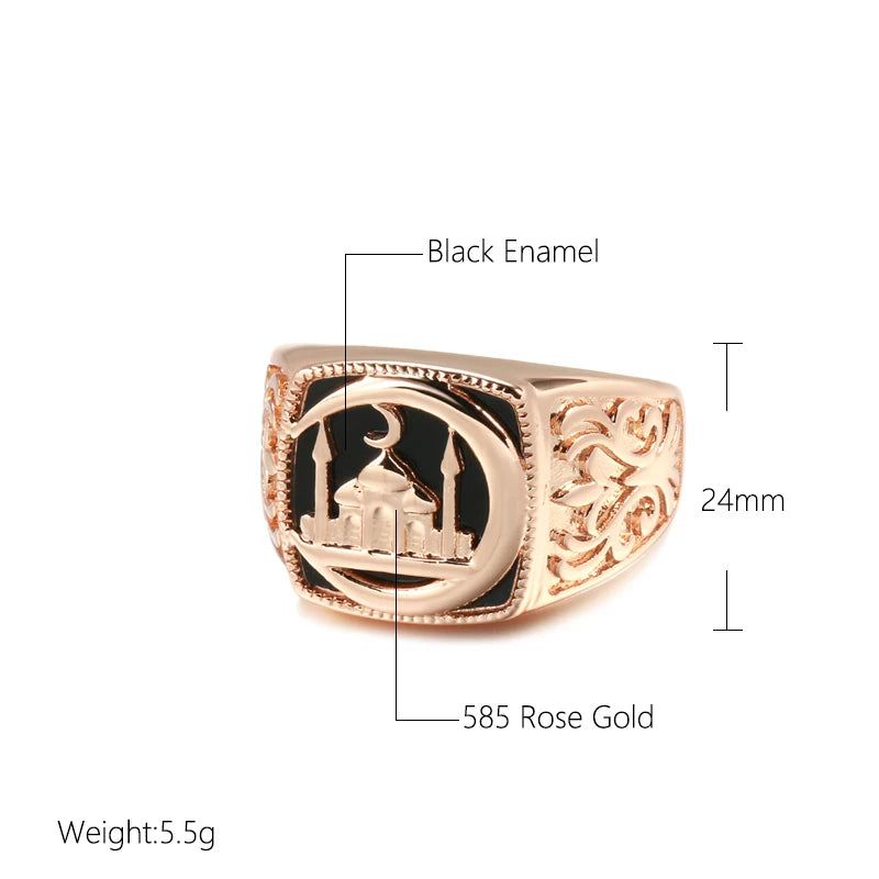 Stylish Black Stone Geometric Cocktail Ring for Men in 585 Rose Gold Finish