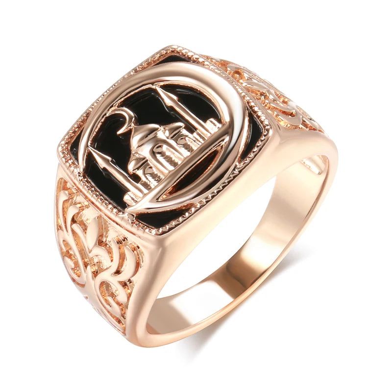 Stylish Black Stone Geometric Cocktail Ring for Men in 585 Rose Gold Finish