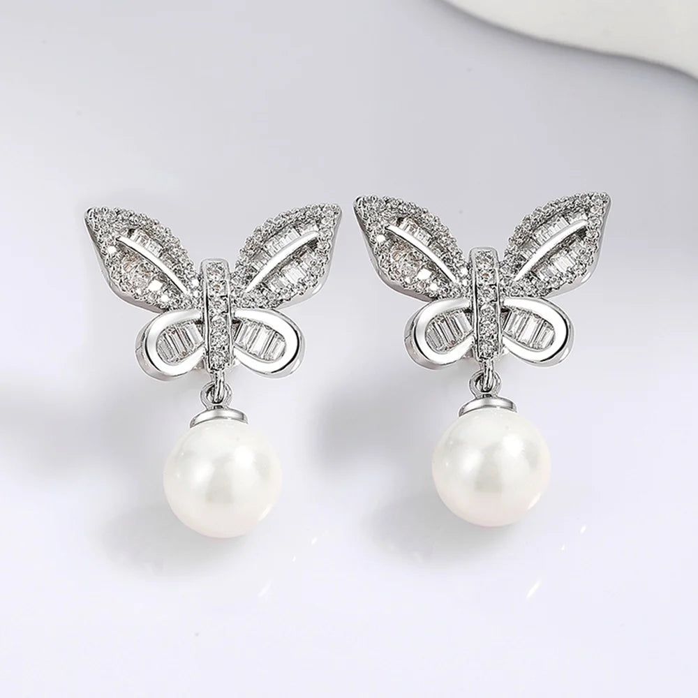 Stylish Butterfly Pearl and Zircon Drop Earrings for a Chic Look