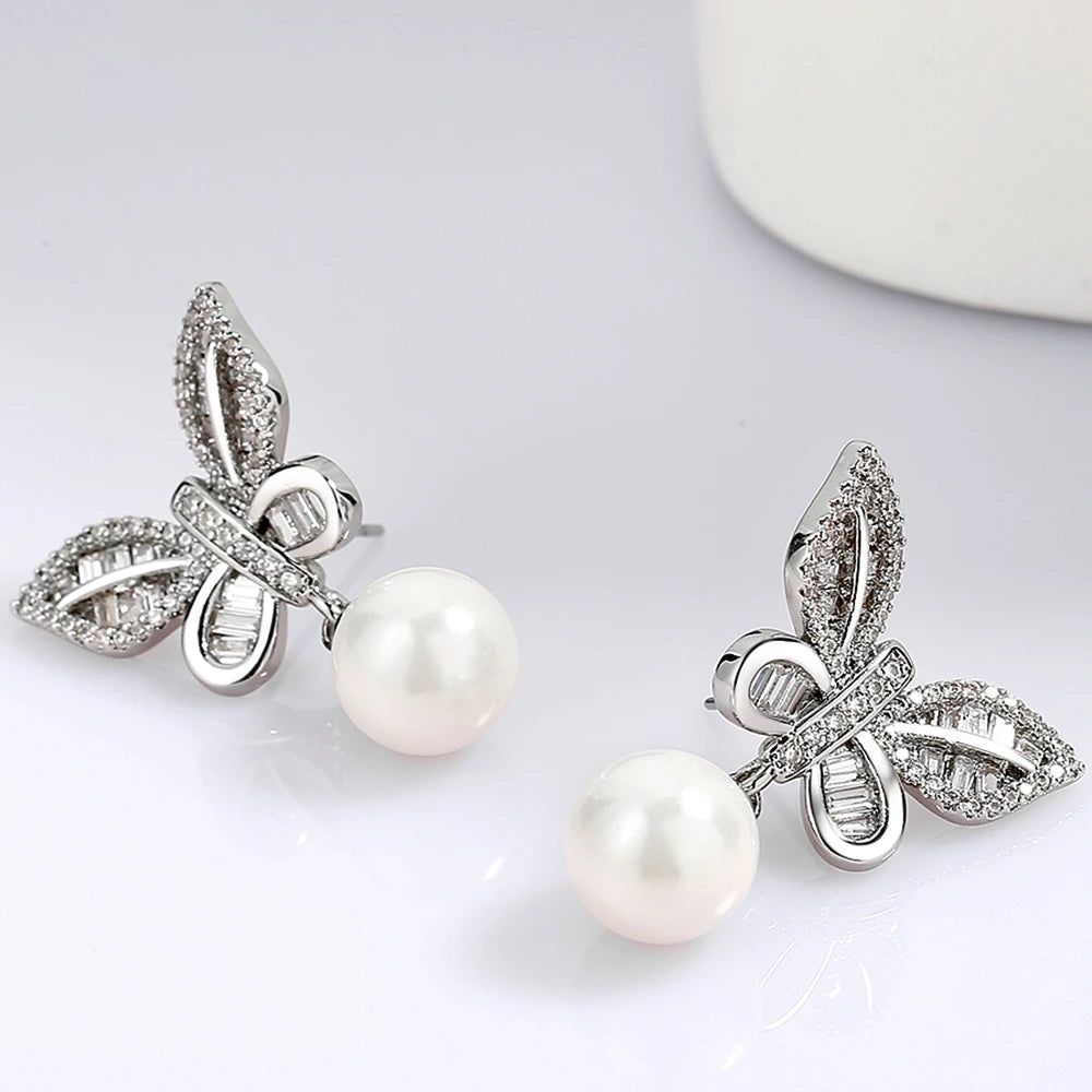 Stylish Butterfly Pearl and Zircon Drop Earrings for a Chic Look