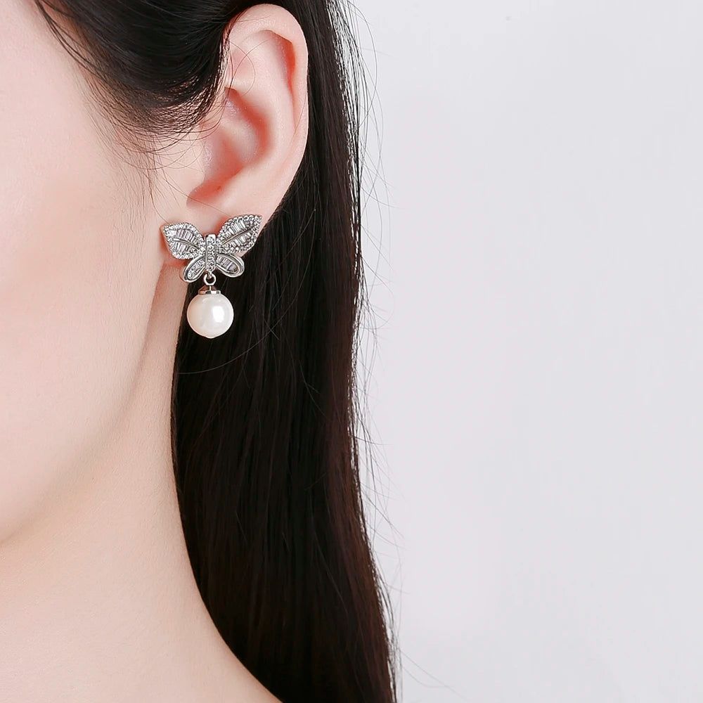 Stylish Butterfly Pearl and Zircon Drop Earrings for a Chic Look