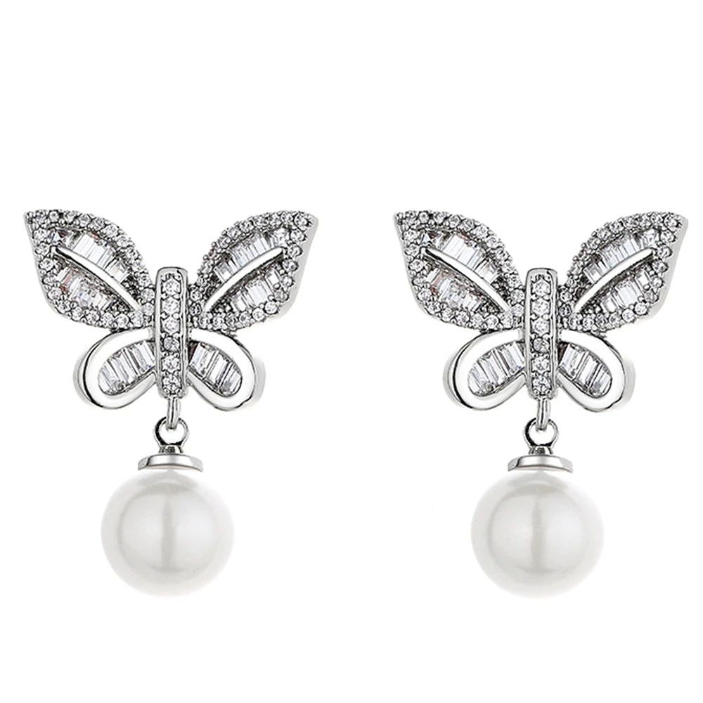 Stylish Butterfly Pearl and Zircon Drop Earrings for a Chic Look