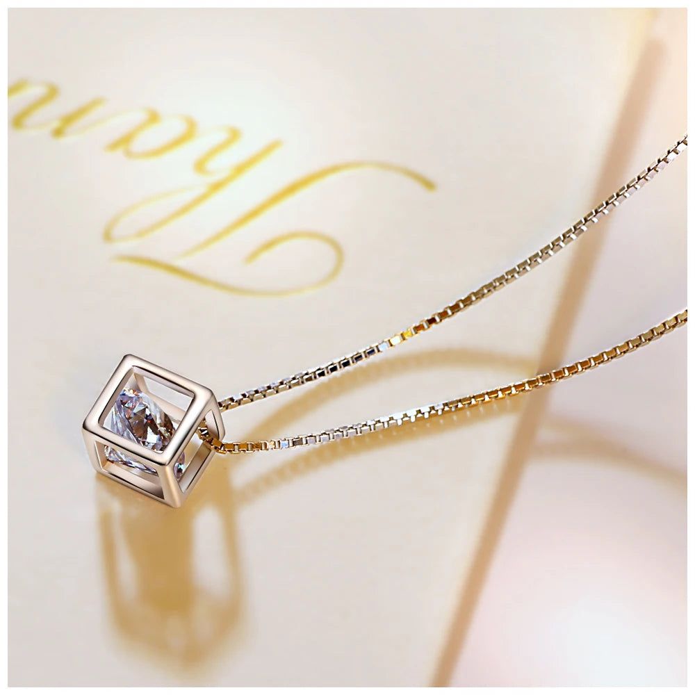 Stylish CZ Cube Sterling Silver Pendant Necklace 925