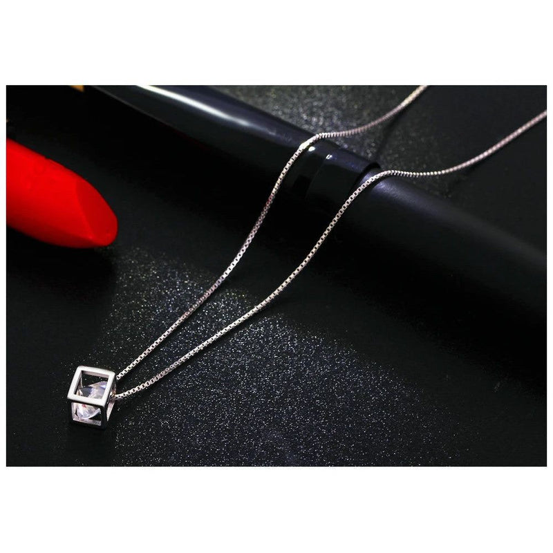 Stylish CZ Cube Sterling Silver Pendant Necklace 925