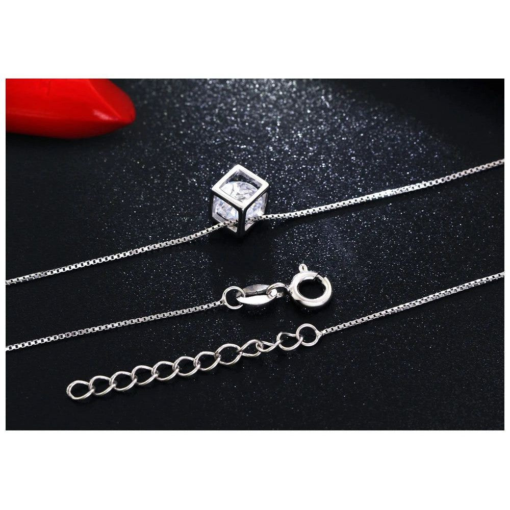 Stylish CZ Cube Sterling Silver Pendant Necklace 925