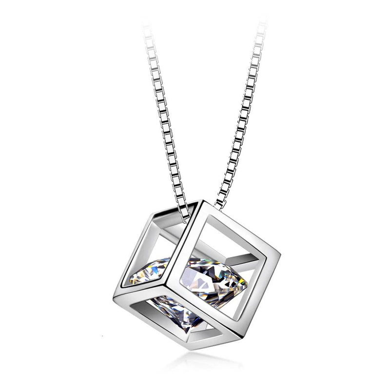 Stylish CZ Cube Sterling Silver Pendant Necklace 925