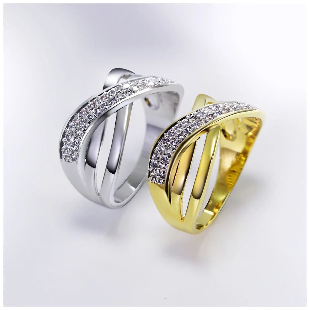 Stylish Cross Design Rhodium Gold Color Stacking Rings with Zircon Pave Detail