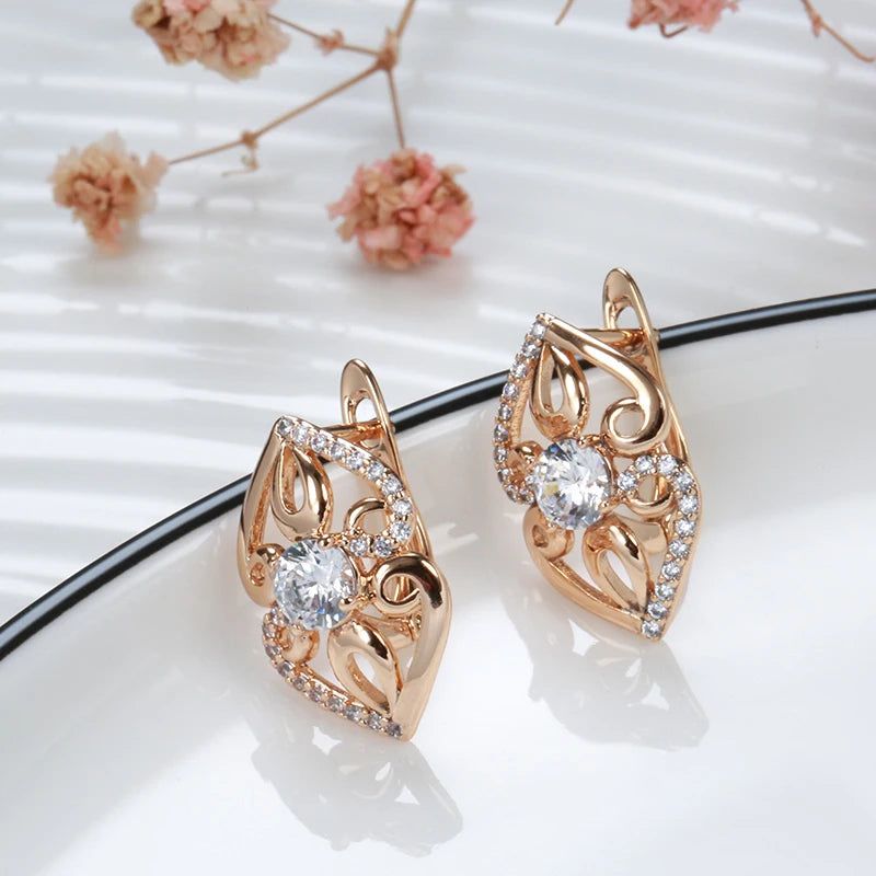 Stylish Floral Dangle Earrings in 585 Rose Gold with Natural Zircon Accents