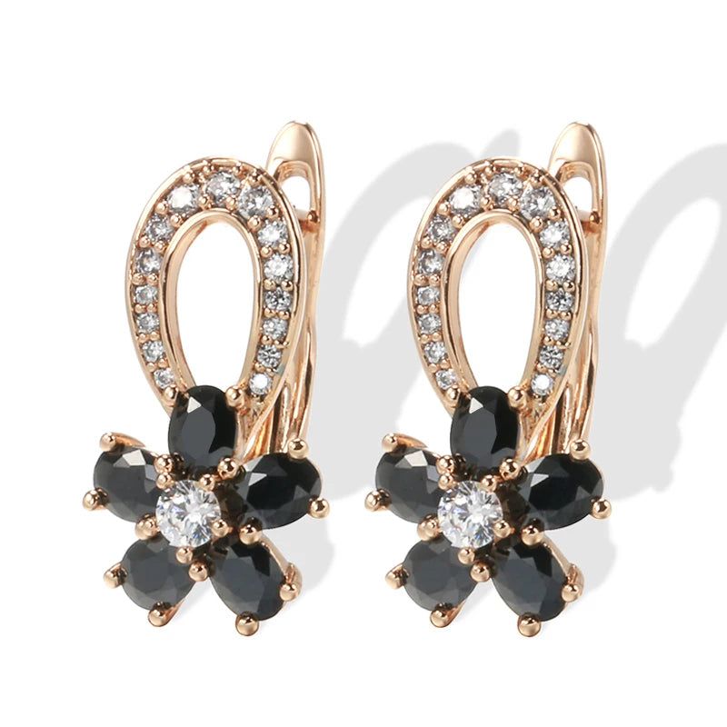 Stylish Floral Design Drop Earrings with Black and White Zircon in 585 Rose Gold