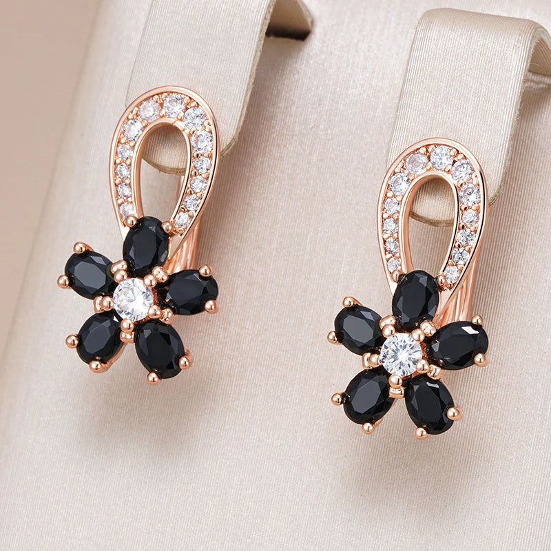 Stylish Floral Design Drop Earrings with Black and White Zircon in 585 Rose Gold