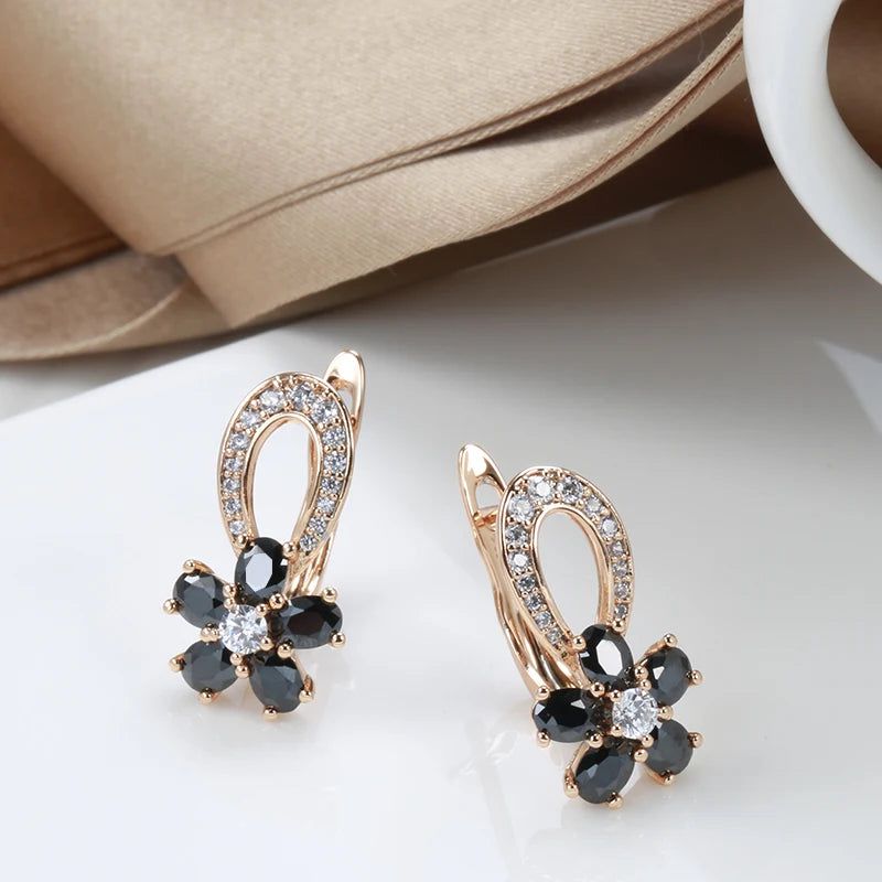 Stylish Floral Design Drop Earrings with Black and White Zircon in 585 Rose Gold