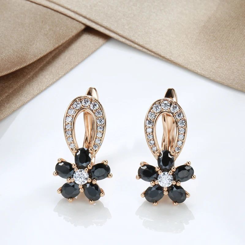 Stylish Floral Design Drop Earrings with Black and White Zircon in 585 Rose Gold