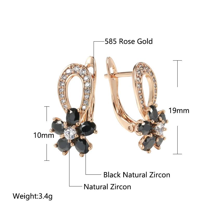 Stylish Floral Design Drop Earrings with Black and White Zircon in 585 Rose Gold