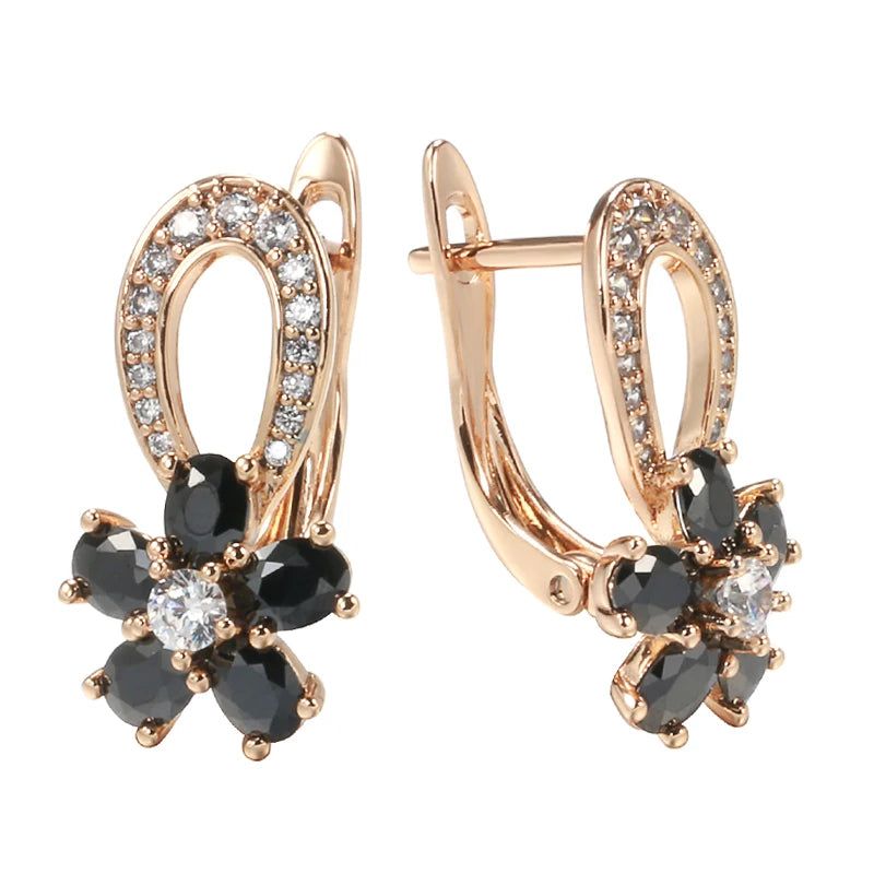 Stylish Floral Design Drop Earrings with Black and White Zircon in 585 Rose Gold