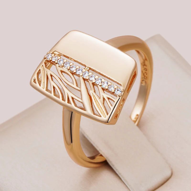 Stylish Floral Hollow Design Ring in 585 Rose Gold with Natural Zircon for Bridal and Fashion Jewelry