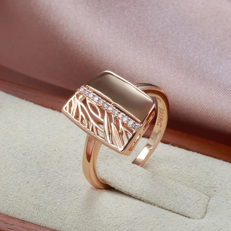 Stylish Floral Hollow Design Ring in 585 Rose Gold with Natural Zircon for Bridal and Fashion Jewelry