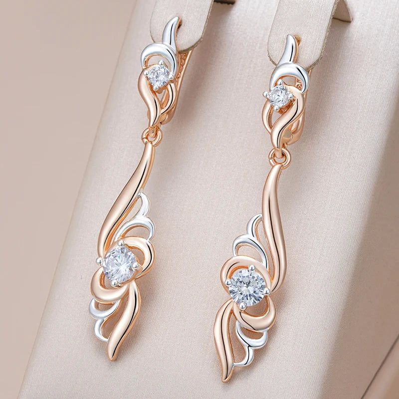 Stylish Floral-Inspired Long Drop Earrings in 585 Rose Gold and Silver Mix