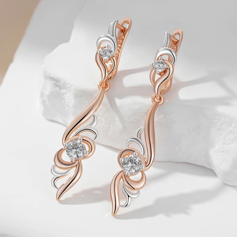 Stylish Floral-Inspired Long Drop Earrings in 585 Rose Gold and Silver Mix