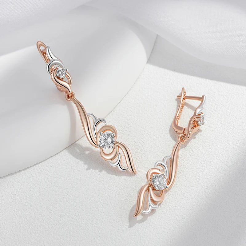 Stylish Floral-Inspired Long Drop Earrings in 585 Rose Gold and Silver Mix