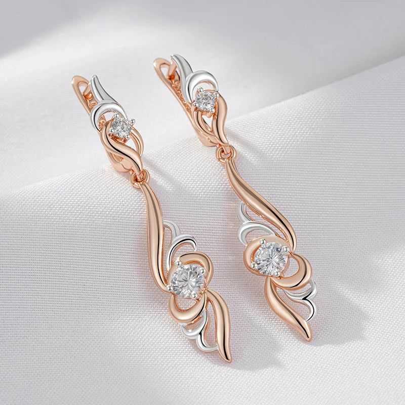 Stylish Floral-Inspired Long Drop Earrings in 585 Rose Gold and Silver Mix