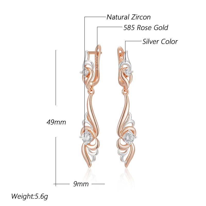 Stylish Floral-Inspired Long Drop Earrings in 585 Rose Gold and Silver Mix