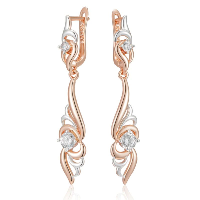 Stylish Floral-Inspired Long Drop Earrings in 585 Rose Gold and Silver Mix