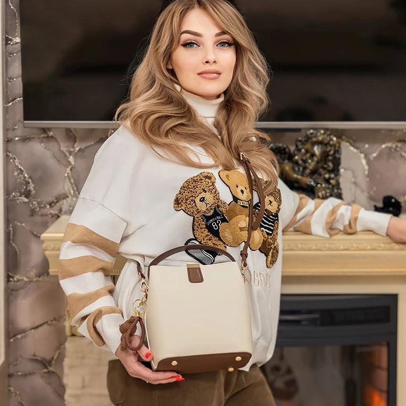 Stylish Foxer Split Leather Bucket Bag - Stylish Women's Messenger Tote & Crossbody Handbag