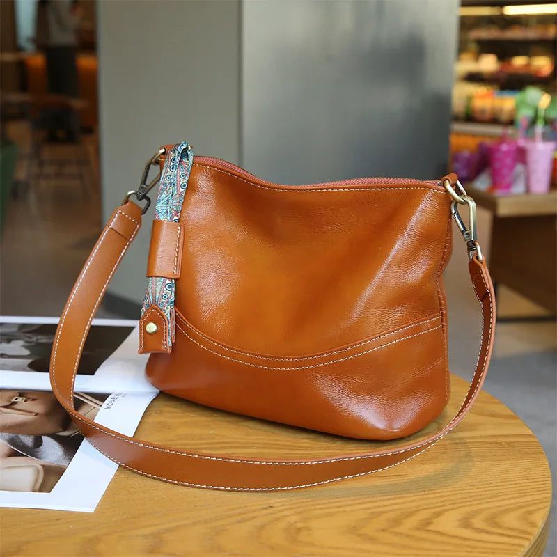 Stylish Genuine Leather Bucket Bag for Women - High-End Versatile Crossbody with Large Capacity